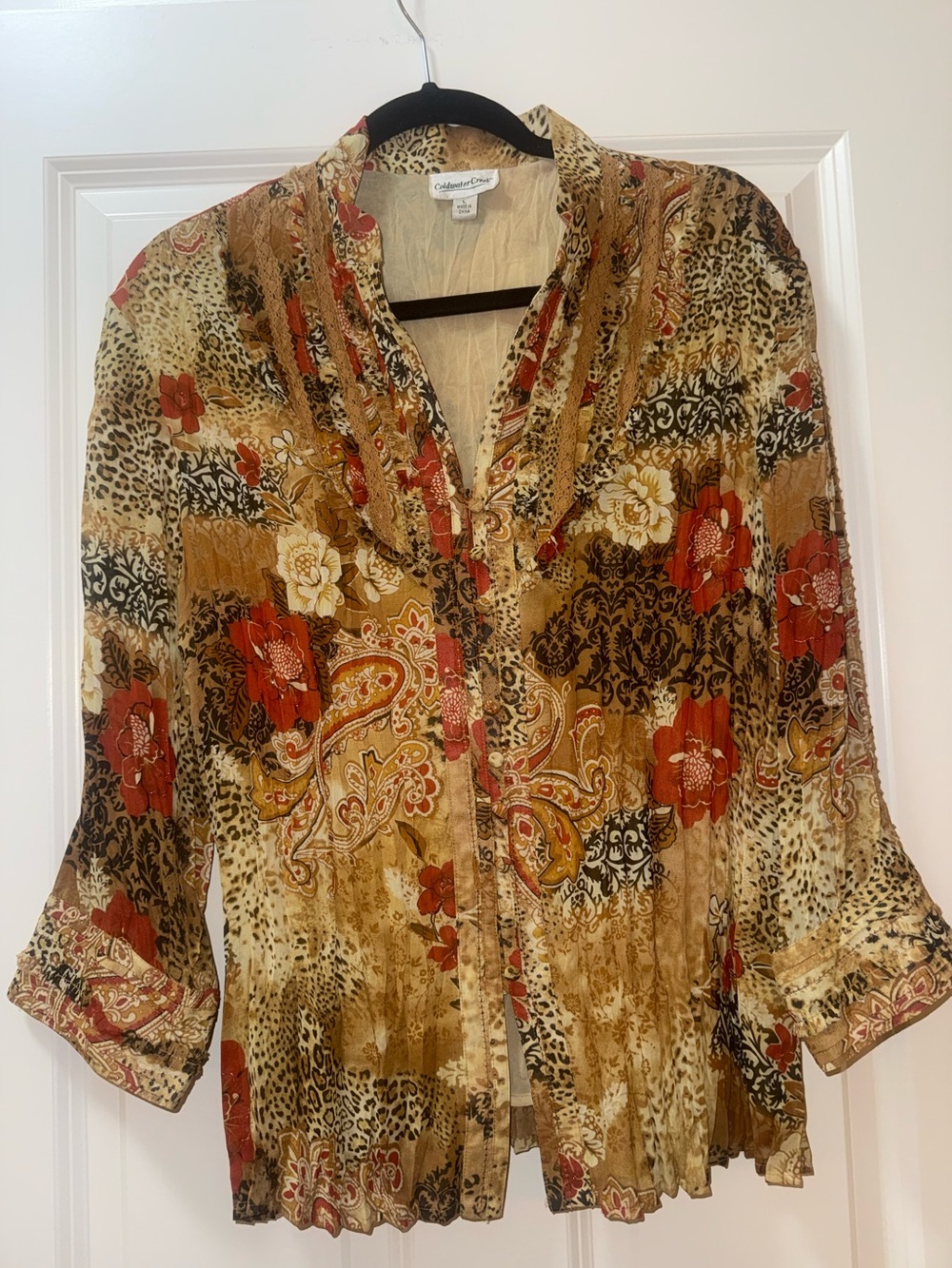 Coldwater Creek Multicolor Floral Paisley and Leopard Button-Up Blouse